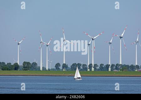 Windpark in der Nähe von Brunsbüttel, Elbe, Segelboot, Schleswig-Holstein, Deutschland Stockfoto