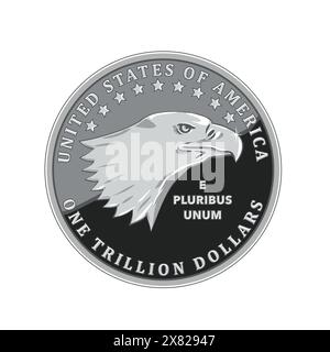 Flache Ikone im Metallic-Stil mit einer Billionen-Dollar-Münze der Vereinigten Staaten von Amerika, USA, mit dem Kopf eines Weißkopfadlers, der von der Seite mit Wor betrachtet wird Stock Vektor