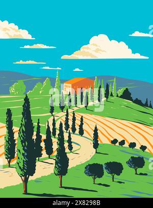 WPA-Poster Kunst eines Weinbergs in der toskanischen Landschaft mit Villa in der Toskana in Mittelitalien, die in der Projektverwaltung oder im Art déco-Stil gemacht wurde. Stock Vektor