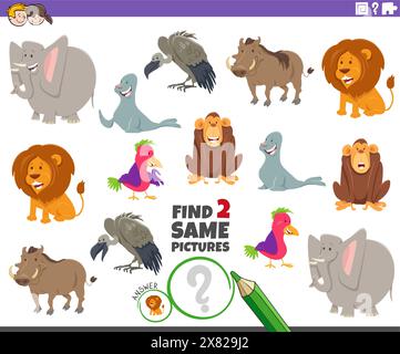 Cartoon-Illustration von zwei gleichen Bildern, Bildungsaktivität mit Tierfiguren Stock Vektor