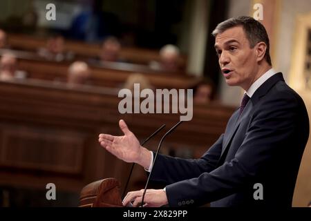 Madrid, Königreich Spanien; 22.05.2024.- der spanische Präsident Pedro Sánchez im Kongress der Abgeordneten in Plenarsitzung und Regierungskontrolle kündigt an, dass am 28. Mai die Anerkennung des palästinensischen Staates erfolgen wird, und reagiert auf die Opposition über die diplomatische Situation mit Argentinien und seinem Präsidenten Javier Milei sowie der Rücktritt des spanischen Botschafters. Sánchez bestätigt außerdem, dass er und seine Frau nichts zu verbergen haben und „freudig“ Erklärungen geben werden. Foto: Juan Carlos Rojas Stockfoto