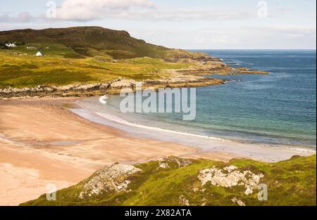 Clashnessie Bay, Stoer, Assynt, Sutherland, Scottish Highlands, auf der Nordküste 500, an einem ruhigen Spätsommertag. Stockfoto