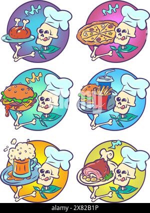 Skelett-Koch-Set mit verschiedenen Gerichten. Köstlicher Fast Food Lieferservice. Themengerichte für Halloween und Day of the Dead. Comic-Comic-Pop-Art Stock Vektor