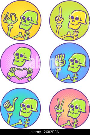 Eine Reihe von Handgesten, die von einem Skelett gemacht wurden. Fertiges Set mit Stickern und Emojis. Halloween und Tag der Toten. Comic Cartoon Pop Art Retro Vektor illustr Stock Vektor