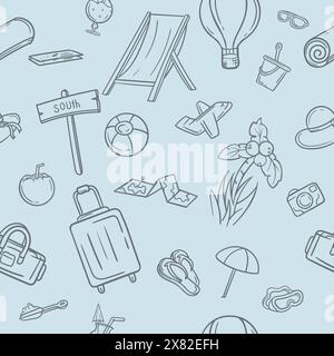 Nahtloses Schwarz-weiß-Muster mit Tourismus- und Reiseartikeln. Bearbeitbare Illustration für Geschenkpapier und Hintergrund Stock Vektor