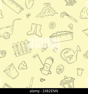 Nahtloses Schwarz-weiß-Muster mit Gartenwerkzeugen. Bearbeitbare Illustration für Geschenkpapier, Hintergrund und Banner Stock Vektor