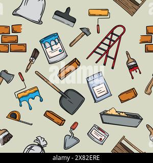 Nahtloses Farbmuster mit Bau- und Reparaturartikeln. Helle farbige Illustration für Geschenkpapier, Hintergrund, Banner. Stock Vektor