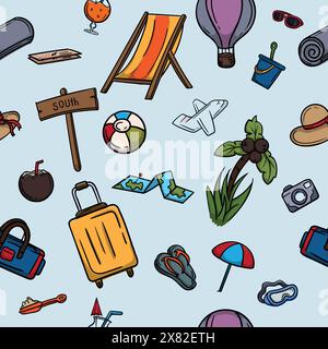 Nahtloses Farbmuster mit Tourismus- und Reiseartikeln. Helle farbige Illustration für Geschenkpapier, Hintergrund und Banner Stock Vektor