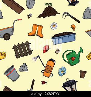 Nahtloses Farbmuster mit Gartengeräten. Helle farbige Illustration für Geschenkpapier, Hintergrund und Banner Stock Vektor