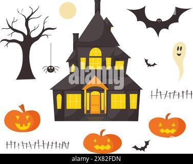 Happy Halloween isolierte Vektorelemente für Design, Druck auf transparentem Hintergrund. Eine Sammlung süßer gruseliger Charaktere, Geister, Kürbis, Fledermaus, Spinne Stock Vektor