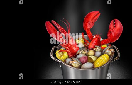 Hummer Bake Pot oder Hummer kochen mit Maismuscheln und Kartoffeln als klassisches festliches Gericht an der Atlantikküste und Meeresfrüchte in Neuengland. Stockfoto