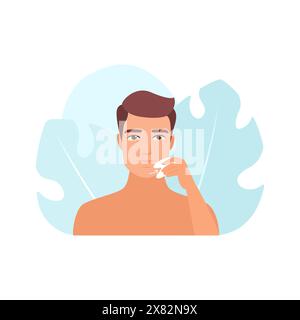 Mann massiert Haut des Kinns in Richtung Wange, hält Gua Sha Massagegerät Vektor Illustration Stock Vektor