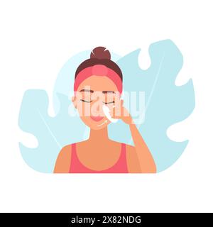 Mädchen mit Augen geschlossen Massage Kinn gemäß Anweisungen, Gua Sha in Hand Vektor Illustration halten Stock Vektor