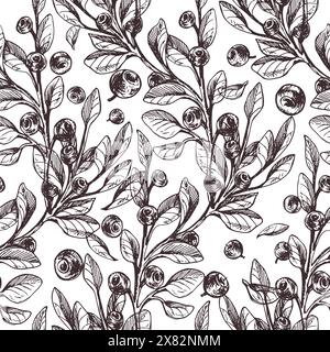 Waldherbstblaubeeren mit Blättern. Grafische Abbildung, handgezeichnet mit brauner Tinte, Strichgrafik monochrom. Nahtloses Muster, einfach im Thema Stock Vektor