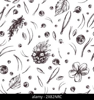 Heidelbeeren mit Blättern, Kegeln, Moos, Tannennadeln. Grafische Abbildung, handgezeichnet mit brauner Tinte, Strichgrafik monochrom. Nahtloses Muster, einfaches Anziehen Stock Vektor