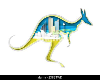 Bastelpapier geschnittenes Känguru mit Sydneys Stadtbild Stock Vektor