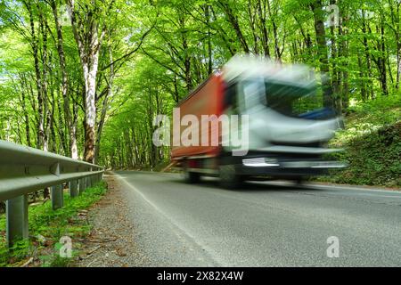 Ein rot-weißer Lkw fährt schnell auf einer kurvenreichen Straße durch einen üppig grünen Wald, der von der Geschwindigkeit verschwimmt. Stockfoto