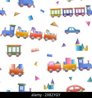 Kinderspielzeug aus Holz. Bunte Autos, Züge mit Holztieren und Ziegeln. Bauwürfel aus umweltfreundlichen Naturmaterialien. Nahtloses Muster. Stockfoto