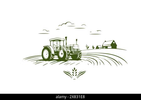 Abbildung des Traktorlogos, Entwurf des Emblems von Hand gezeichnete Skizze. Vektorillustration. Stock Vektor