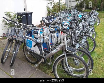 Aus dem Verkehr gezogen: Vor und hinter einem ehemaligen Fahrradladen in Bremen-Vahr parken dicht an dicht fast 100 reparaturbedürftige Räder des Bremer Fahrradverleihers WK-Bike, einer Tochter der Bremer Tageszeitungen AG BTAG, dem Verlag des Weser-Kuriers WK. WK-Bike hat seinen Fuhrpark seit ca. 2023 stark ausgedünnt. Nach Angaben der BTAG sollen die ausrangierten Räder aber noch repariert werden mit Neuinvestitionen hält sich das Unternehmen aber zurück, da die Stadt Bremen im April 2024 eine Konzession für ein öffentliches Fahrradverleihsystem ausgeschrieben hat und noch unklar ist, Stockfoto