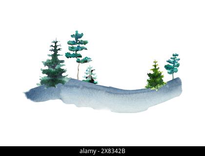 Aquarell handgezeichnete Landschaft mit Kiefern Schnee Winter Hintergrund. Nadelwald Illustration, Weihnachtstannen, Winter Natur, Urlaub Stockfoto