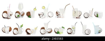 Set Glaswaren mit frischem Kokoswasser auf weißem Hintergrund Stockfoto