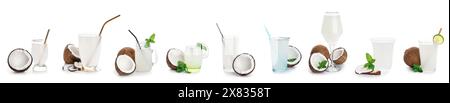Set Glaswaren mit frischem Kokoswasser auf weißem Hintergrund Stockfoto