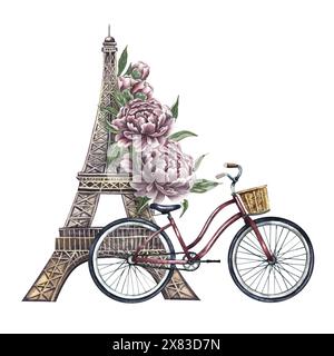 Eiffelturm und Retro-Fahrrad in Vintage-Farben. Eine handgezeichnete Aquarellillustration. Eine wunderschöne romantische Postkarte. Entwickelt für Flyer, Banner und Stockfoto