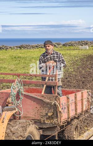 Ponta Delgada, Flores, Azoren, Portugal. April 2022. Landwirt, der auf einem Feld mit Blick auf den Atlantik auf Flores Island arbeitet. Stockfoto