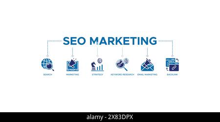 SEO Marketing Banner Web Icon Vektor Illustration Konzept mit Icons der Suche, Marketing, Strategie, Keyword Research, E-Mail Marketing, Backlink Stock Vektor