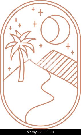 Night Oasis Boho-Logo. Sand, Mond, Palme, Sterne, Landschaft ästhetische braune Linie Symbol. Stock Vektor