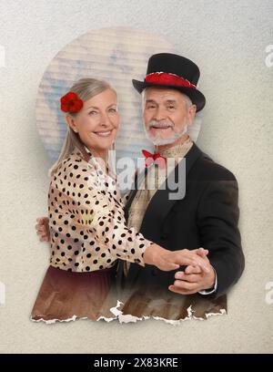 Nettes Paar bei Date. Kreative Kunstcollage Stockfoto