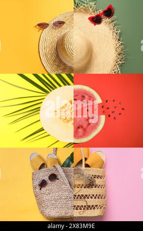 Sommerstimmung. Collage mit Strandzeug und Obst Stockfoto