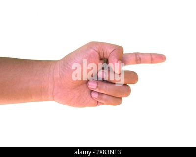 Handgesten, Handzeichen von Zeigefinger, der auf etwas zeigt, isoliert auf weißem Hintergrund Stockfoto
