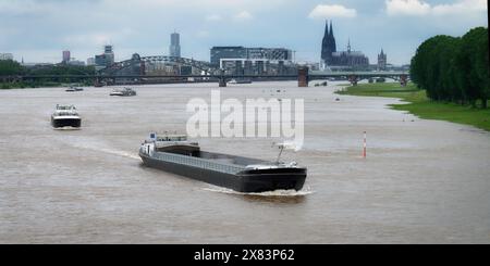 Köln, Deutschland 22. Mai 2024: Eine Reihe von Frachtschiffen fährt flussaufwärts auf dem überfluteten rhein durch köln Stockfoto