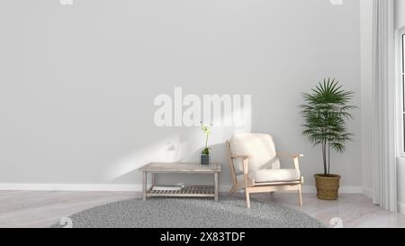 Innenwand des Wohnzimmers mit grauem Stoffsofa und Tisch, dekoriertem Sonnenschutz Stockfoto