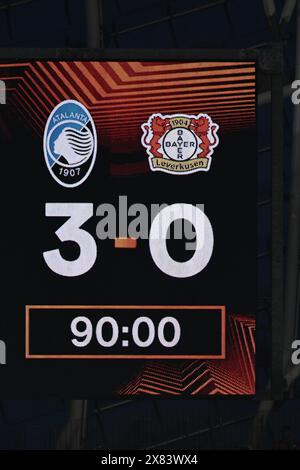 Dublin, Irland. 22. Mai 2024.Scoreboard während des Endspiels der UEFA Europa League zwischen Atalanta 3-0 Bayern Leverkusen im Dublin Arena Stadium am 22. Mai 2024 in Dublin, EIRE. Quelle: Maurizio Borsari/AFLO/Alamy Live News Stockfoto