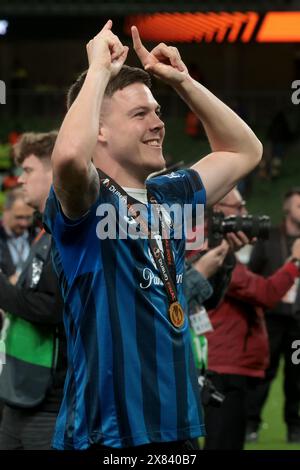 Dublin, Irlande. Mai 2024. Emil Holm aus Atalanta feiert den Sieg nach dem Fußballfinalspiel der UEFA Europa League zwischen Atalanta BC und Bayer Leverkusen am 22. Mai 2024 im Aviva-Stadion in Dublin, Irland - Foto Jean Catuffe/DPPI Credit: DPPI Media/Alamy Live News Stockfoto