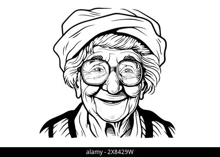 Niedliche lächelnde Oma, handgezeichnete Tuschenskizze. Vektorporträt mit Gravur. Design für Logo. Stock Vektor