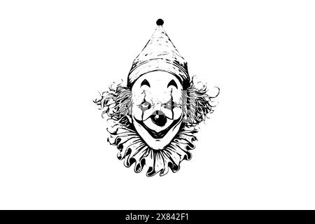 Gruseliger Clownkopf, handgezeichnete Tuschenskizze. Vektorillustration mit Gravur. Stock Vektor