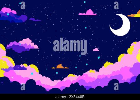 Sternenhintergrund eines Zeichentrickfilms. Wolke, Halbmond und Sterne in dunklen Vektorgrafiken. Stock Vektor