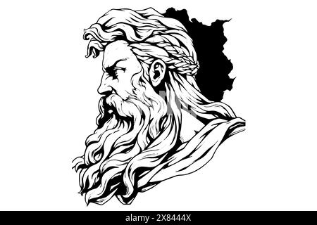 Handgezeichnetes Logo mit Zeus-Kopf. Vektorillustration mit Gravur. Stock Vektor