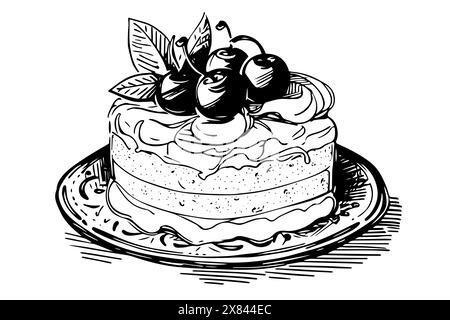 Vintage handgezeichneter Kuchen Illustration: Geburtstagstorte mit Kerzen, gravierte Skizze Zeichnung im Retro-Stil Stock Vektor