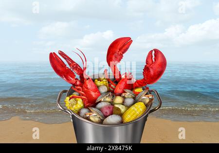 Hummer Backen Sie am Strand als einen Topf Hummer, der mit Maismuscheln und Kartoffeln kocht, als klassische festliche Mahlzeit an der Atlantikküste und Meeresfrüchte Stockfoto