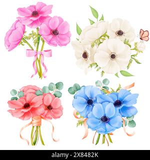 Aquarellkollektion Anemonen-Sträuße in verschiedenen Farbtönen mit Satinbändern, Schmetterlingen und Eukalyptuszweigen. Für Hochzeitseinladungen, Veranstaltungen Stockfoto