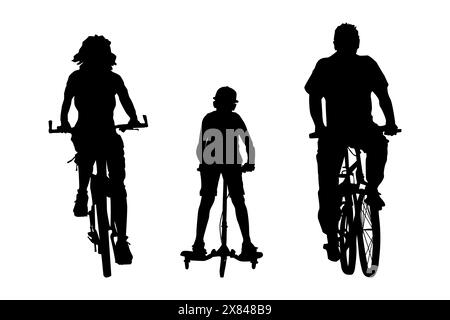 Die Silhouette der Radfahrerfamilie. Familie, die gemeinsam Fahrrad fährt. Junge, der mit Eltern Fahrrad fährt. Mutter und Vater mit Kind im Fahrradfahren. Biker-Familie Stock Vektor