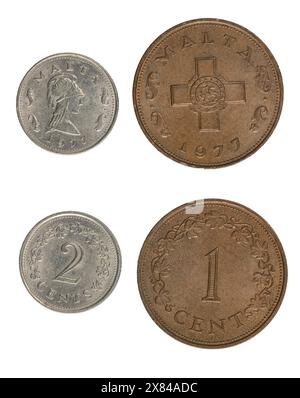 Zwei Münzen aus Malta, 1 Cent und 2 Cent, datiert 1977, Vorderseite und Rückseite Stockfoto