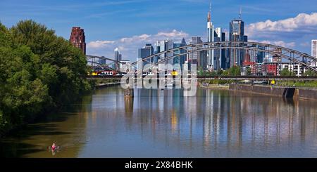 Der Main mit Regionalbahn auf der Deutschherrnbrücke und der Skyline von Frankfurt am Main in Hessen Stockfoto