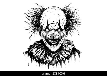 Gruseliger Clownkopf, handgezeichnete Tuschenskizze. Vektorillustration mit Gravur. Stock Vektor