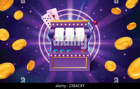 Spielautomat und goldene Münzen fliegen auf violettem Hintergrund. Vektor realistische Illustration des Online-Casino-Symbols, Glücksspielbanner mit Geld, Pokerkarten auf glitzerndem Raum Hintergrund, Lottogenerator Stock Vektor